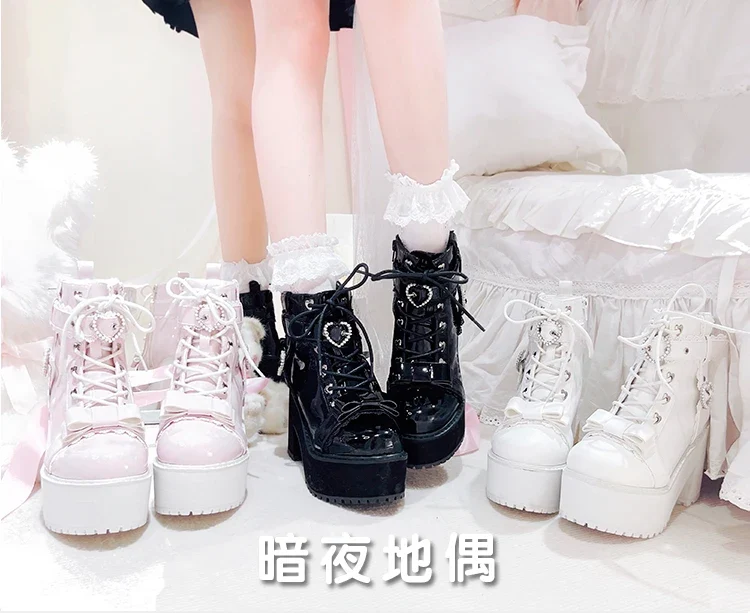 Japanese Mine Lolita Short Boots for Women Mass Production Love Rhinestone Buckle Bow Round Head Platform Boots Sweet Shoes