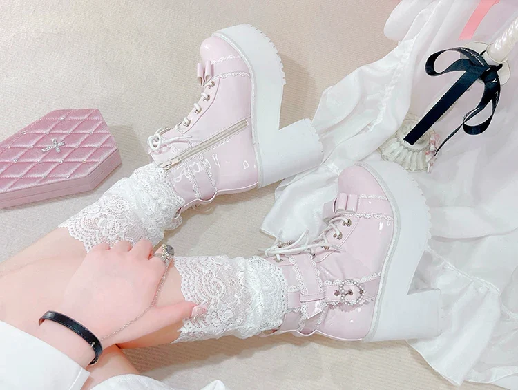 Japanese Mine Lolita Short Boots for Women Mass Production Love Rhinestone Buckle Bow Round Head Platform Boots Sweet Shoes