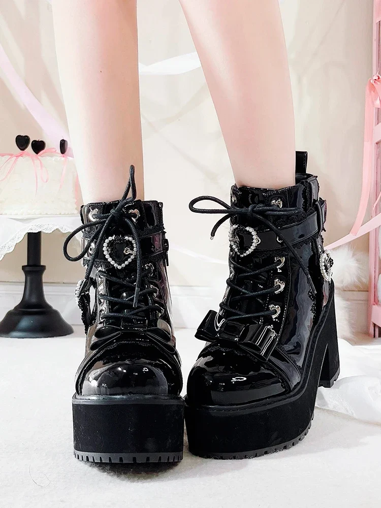 Japanese Mine Lolita Short Boots for Women Mass Production Love Rhinestone Buckle Bow Round Head Platform Boots Sweet Shoes