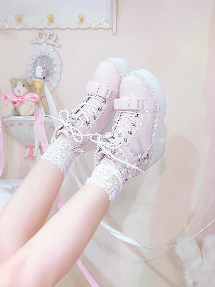 Japanese Mine Lolita Short Boots for Women Mass Production Love Rhinestone Buckle Bow Round Head Platform Boots Sweet Shoes