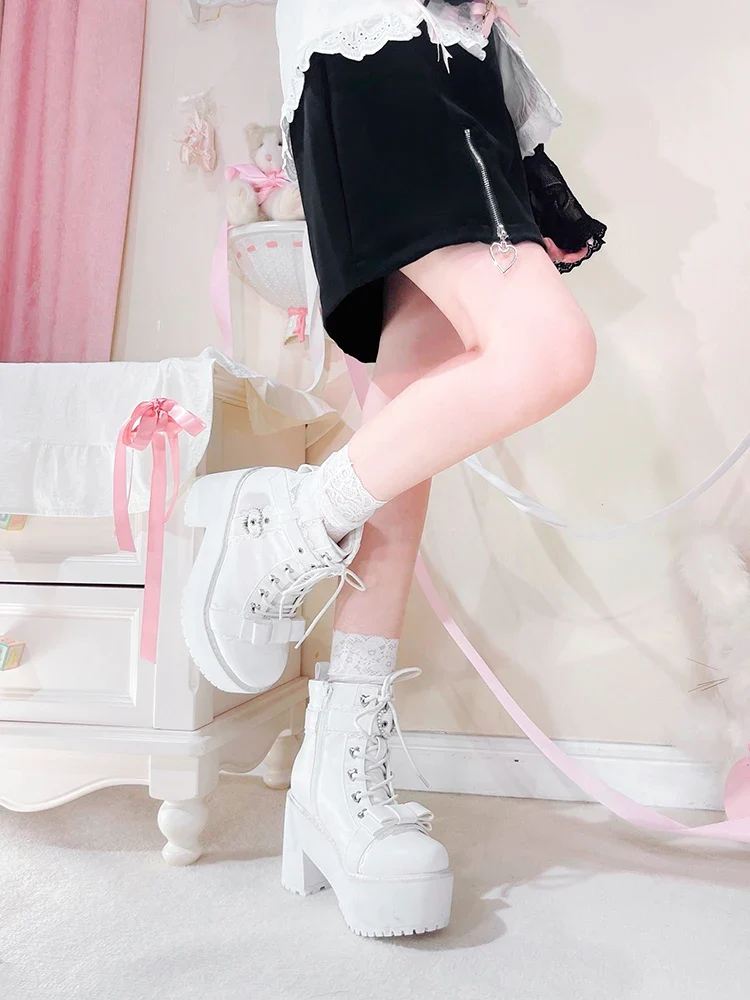 Japanese Mine Lolita Short Boots for Women Mass Production Love Rhinestone Buckle Bow Round Head Platform Boots Sweet Shoes