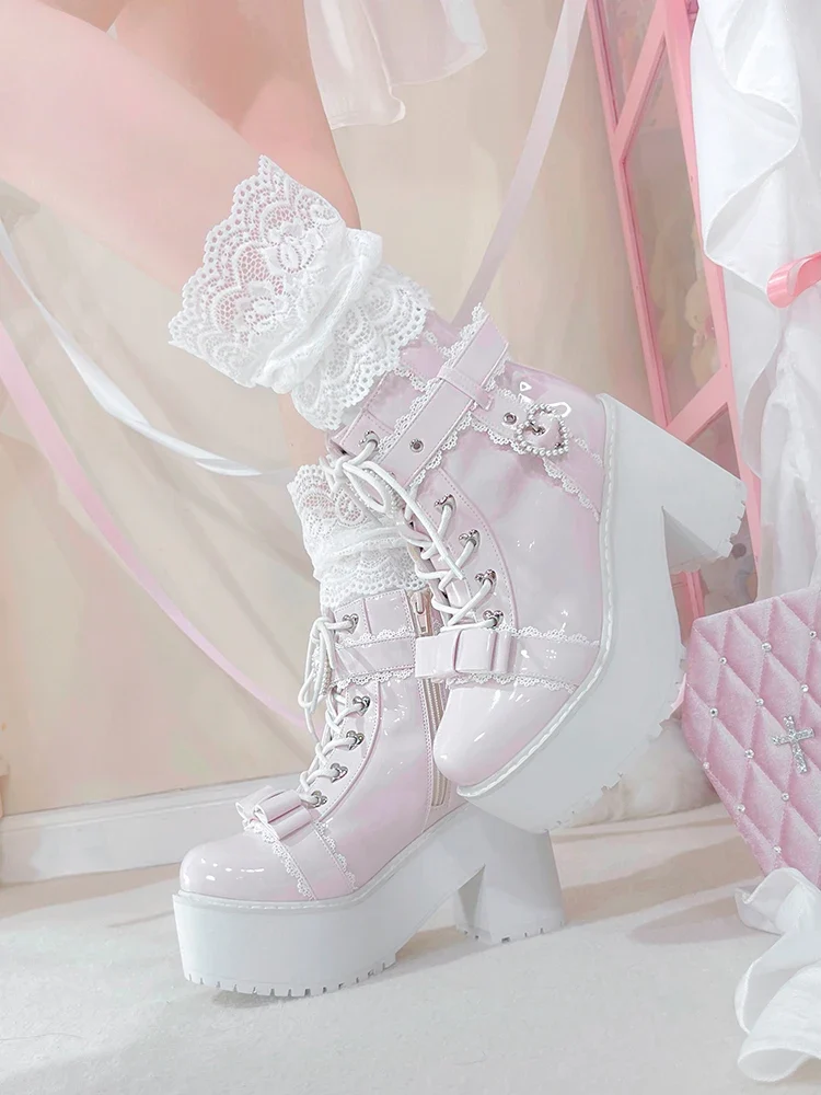 Japanese Mine Lolita Short Boots for Women Mass Production Love Rhinestone Buckle Bow Round Head Platform Boots Sweet Shoes