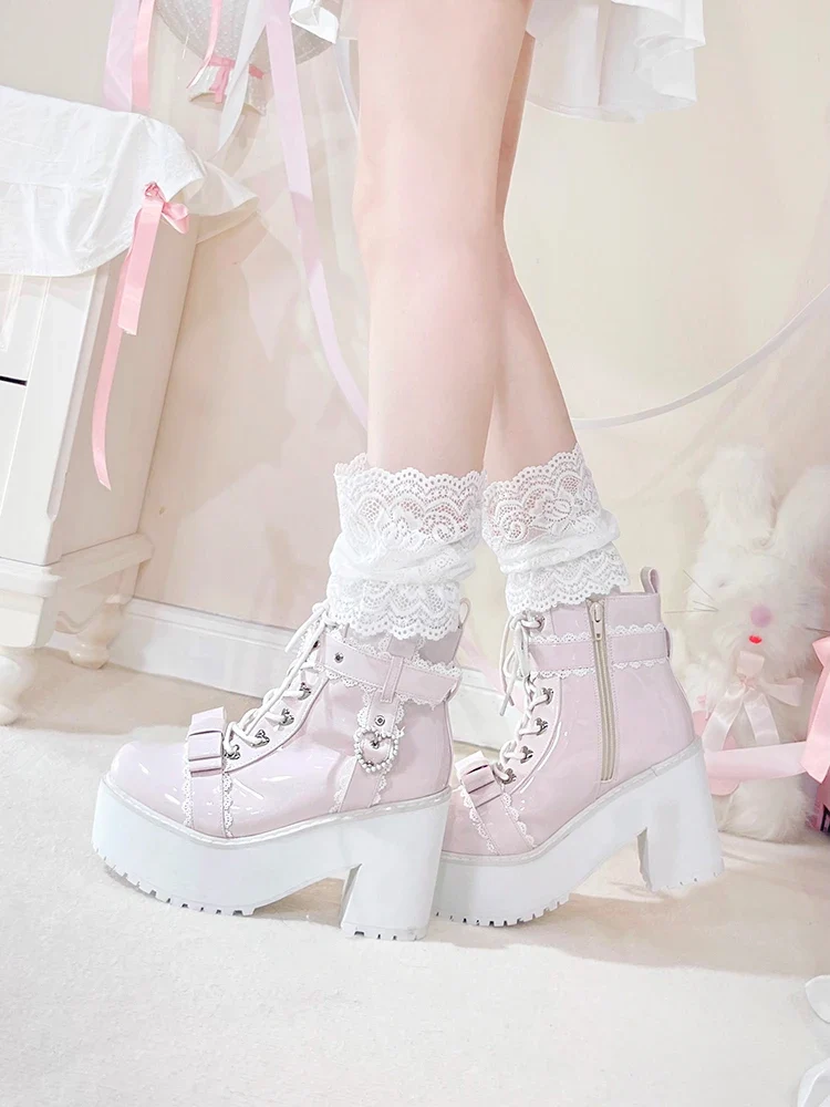 Japanese Mine Lolita Short Boots for Women Mass Production Love Rhinestone Buckle Bow Round Head Platform Boots Sweet Shoes