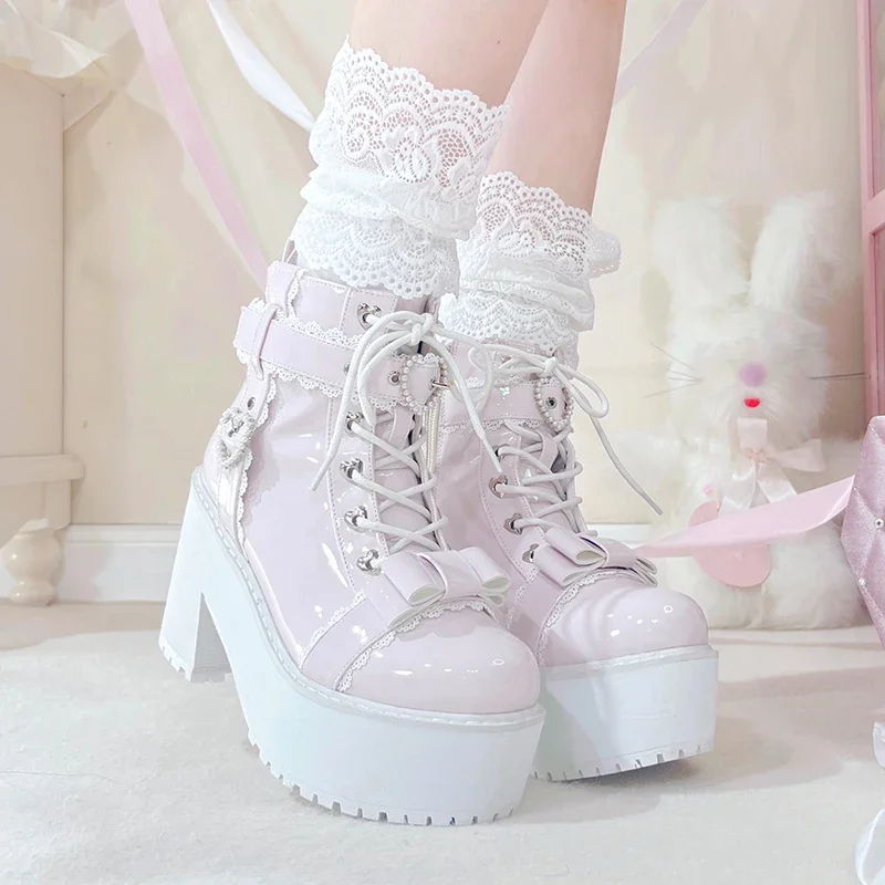 Japanese Mine Lolita Short Boots for Women Mass Production Love Rhinestone Buckle Bow Round Head Platform Boots Sweet Shoes