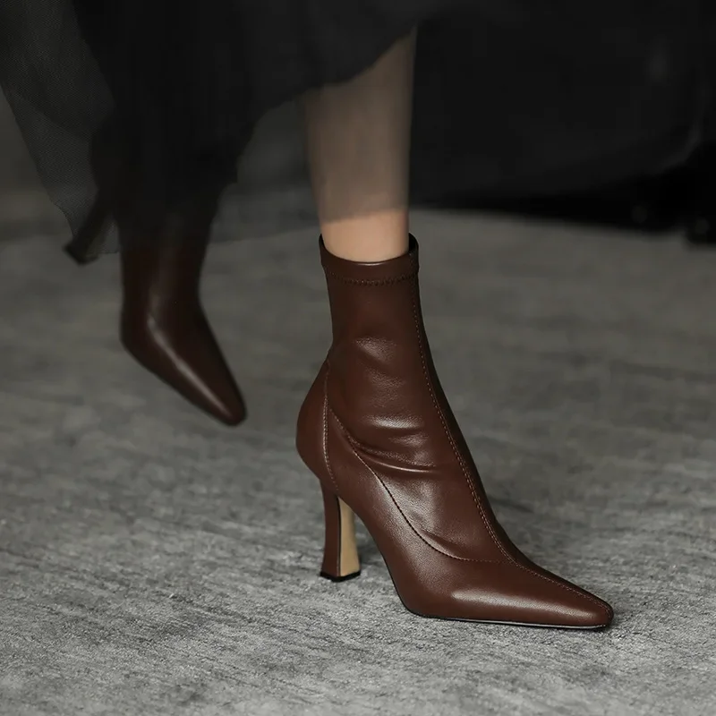 Women High Heel Short Leather Boots New Boots Female Pointed Thin Heel Boots Ladies Ankle Short Boots Botas De Mujer 2024