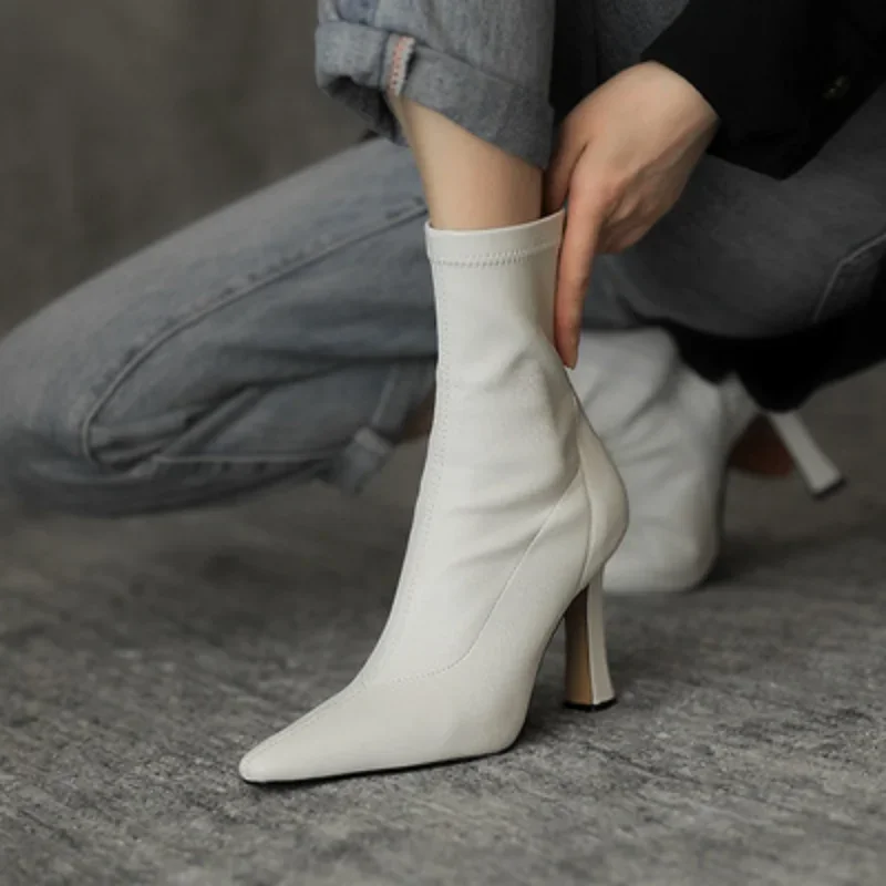 Women High Heel Short Leather Boots New Boots Female Pointed Thin Heel Boots Ladies Ankle Short Boots Botas De Mujer 2024