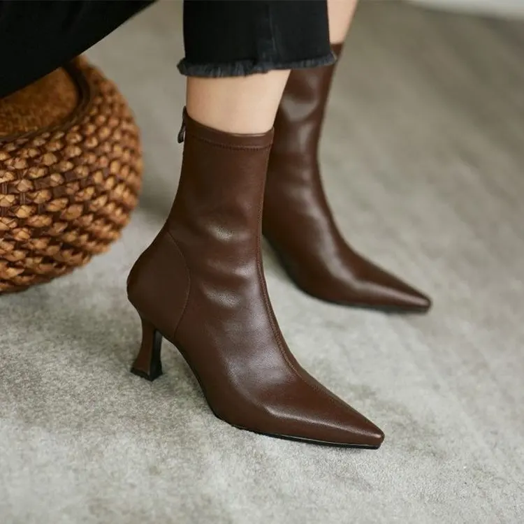 Women High Heel Short Leather Boots New Boots Female Pointed Thin Heel Boots Ladies Ankle Short Boots Botas De Mujer 2024