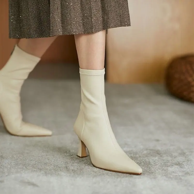 Women High Heel Short Leather Boots New Boots Female Pointed Thin Heel Boots Ladies Ankle Short Boots Botas De Mujer 2024