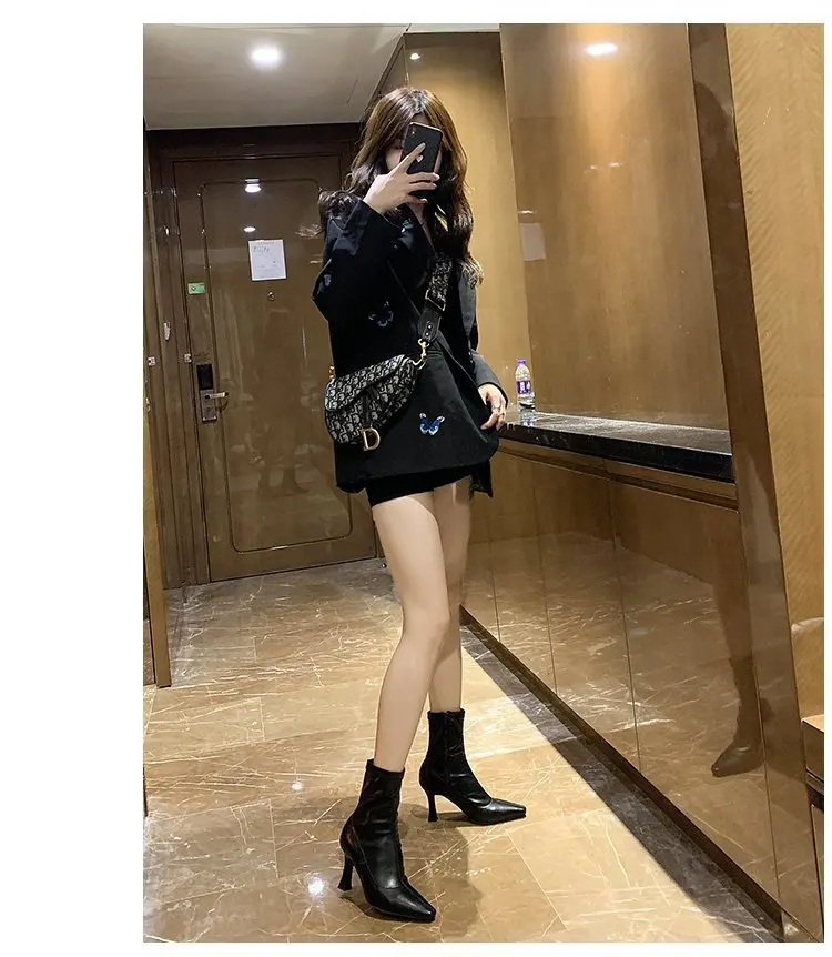 Women High Heel Short Leather Boots New Boots Female Pointed Thin Heel Boots Ladies Ankle Short Boots Botas De Mujer 2024