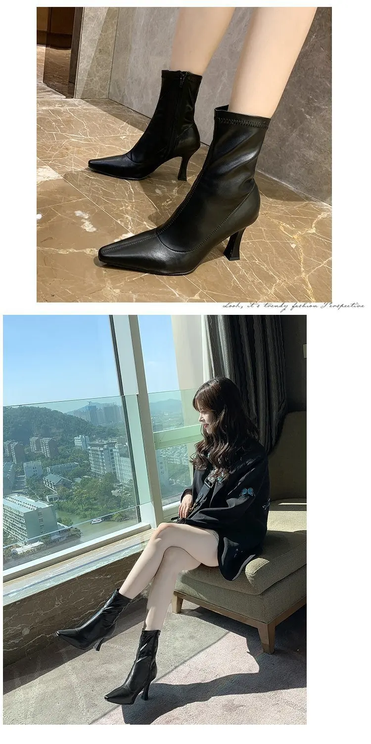 Women High Heel Short Leather Boots New Boots Female Pointed Thin Heel Boots Ladies Ankle Short Boots Botas De Mujer 2024