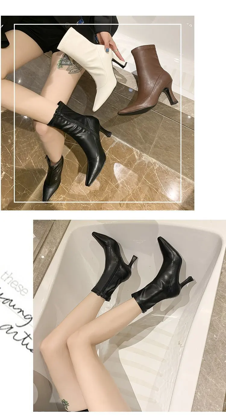 Women High Heel Short Leather Boots New Boots Female Pointed Thin Heel Boots Ladies Ankle Short Boots Botas De Mujer 2024