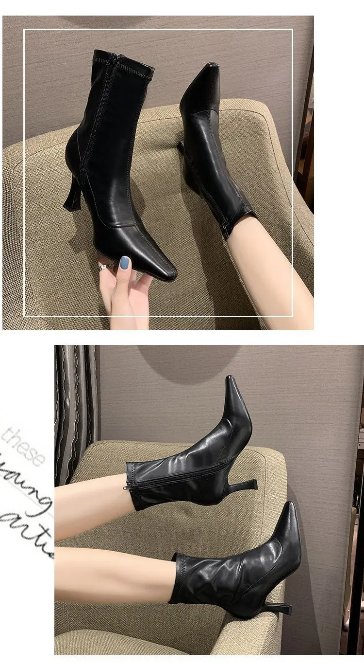 Women High Heel Short Leather Boots New Boots Female Pointed Thin Heel Boots Ladies Ankle Short Boots Botas De Mujer 2024