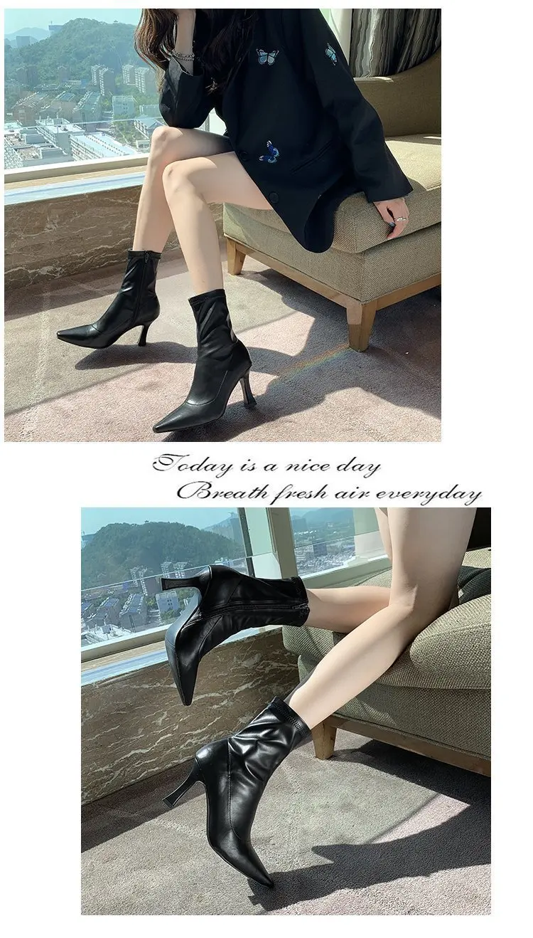 Women High Heel Short Leather Boots New Boots Female Pointed Thin Heel Boots Ladies Ankle Short Boots Botas De Mujer 2024