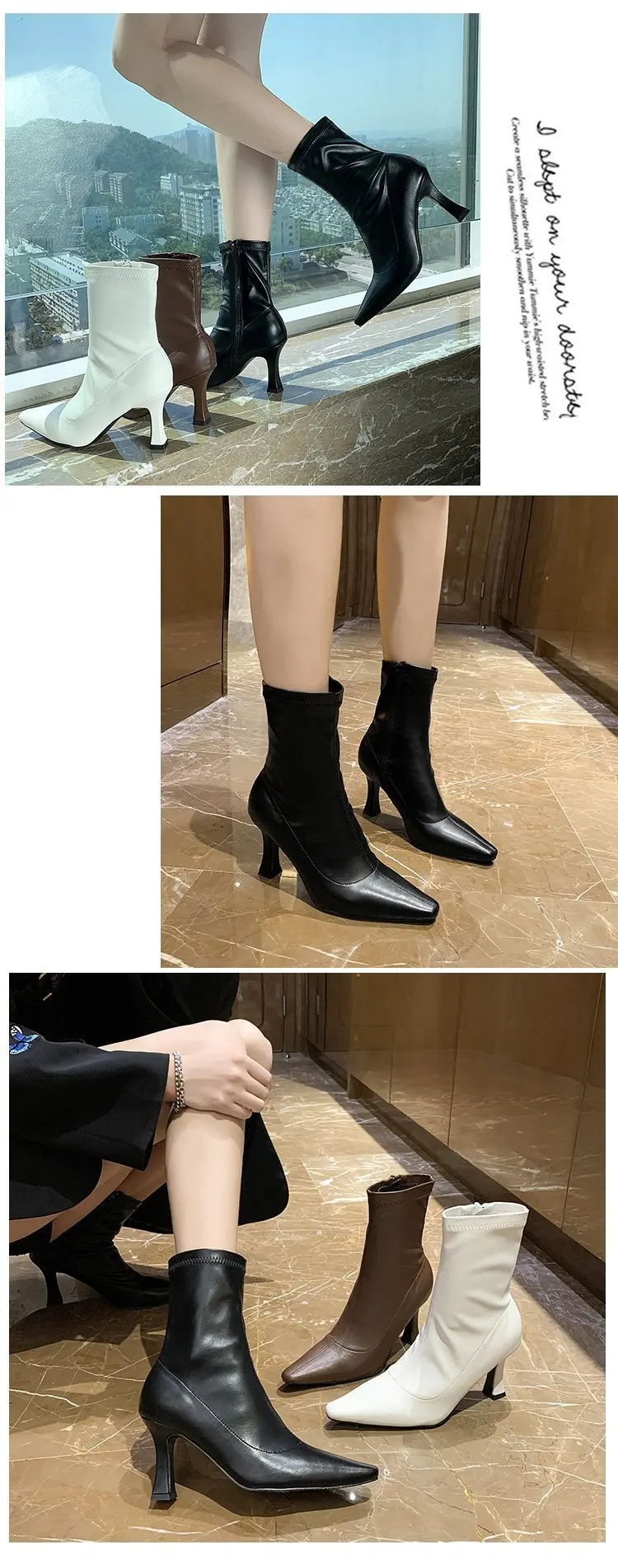 Women High Heel Short Leather Boots New Boots Female Pointed Thin Heel Boots Ladies Ankle Short Boots Botas De Mujer 2024