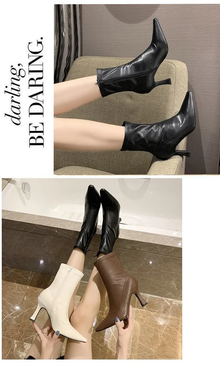 Women High Heel Short Leather Boots New Boots Female Pointed Thin Heel Boots Ladies Ankle Short Boots Botas De Mujer 2024