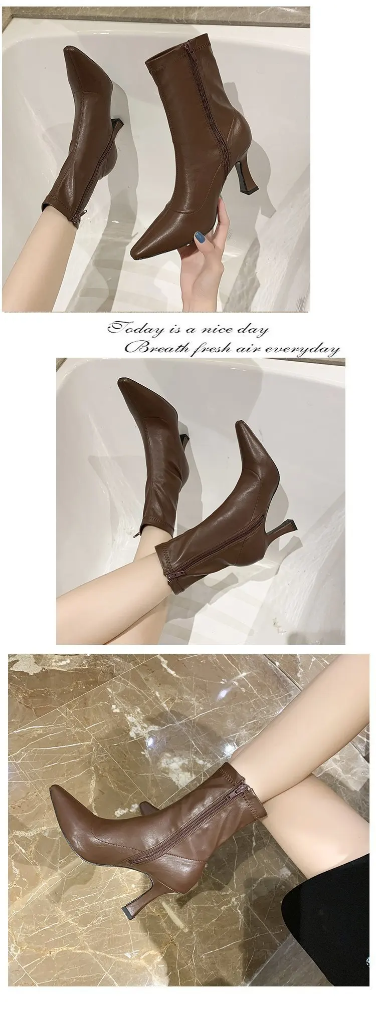 Women High Heel Short Leather Boots New Boots Female Pointed Thin Heel Boots Ladies Ankle Short Boots Botas De Mujer 2024