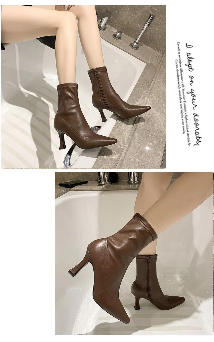 Women High Heel Short Leather Boots New Boots Female Pointed Thin Heel Boots Ladies Ankle Short Boots Botas De Mujer 2024