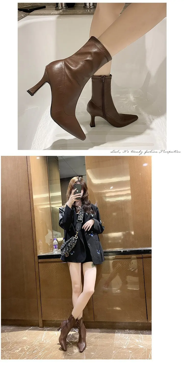 Women High Heel Short Leather Boots New Boots Female Pointed Thin Heel Boots Ladies Ankle Short Boots Botas De Mujer 2024