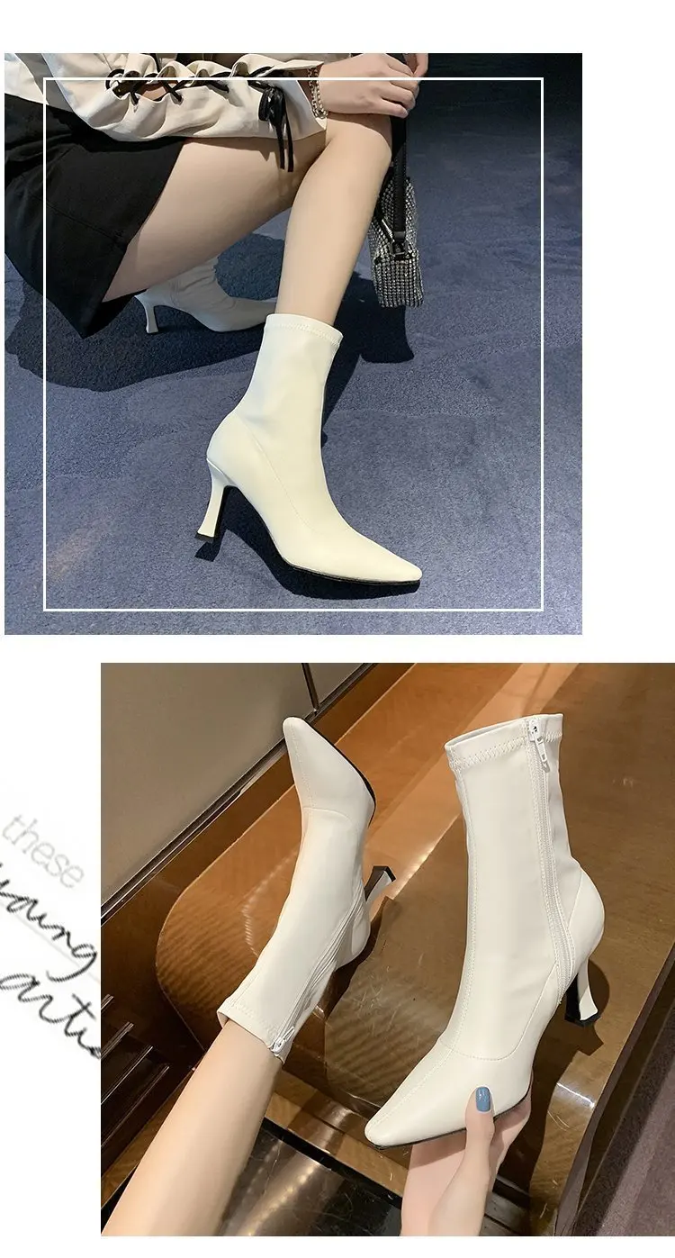 Women High Heel Short Leather Boots New Boots Female Pointed Thin Heel Boots Ladies Ankle Short Boots Botas De Mujer 2024