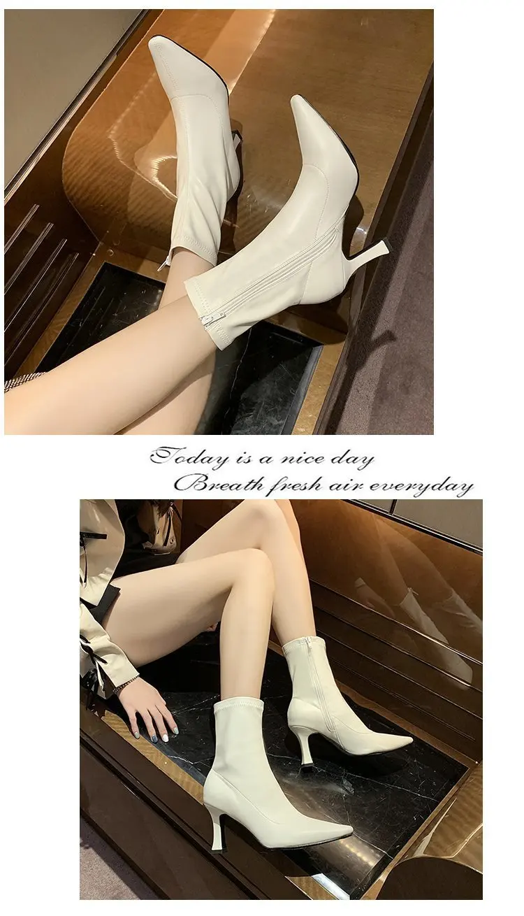 Women High Heel Short Leather Boots New Boots Female Pointed Thin Heel Boots Ladies Ankle Short Boots Botas De Mujer 2024