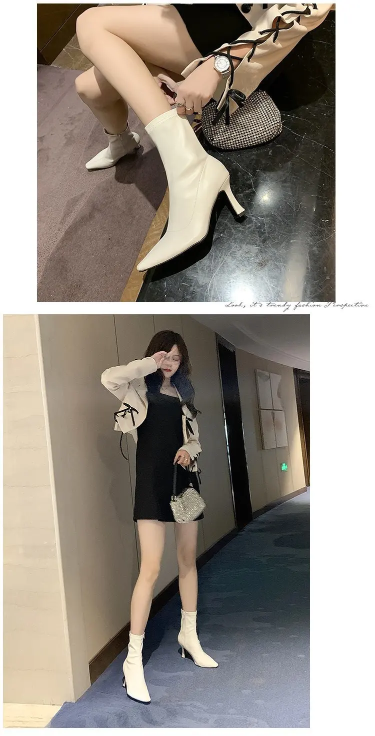 Women High Heel Short Leather Boots New Boots Female Pointed Thin Heel Boots Ladies Ankle Short Boots Botas De Mujer 2024
