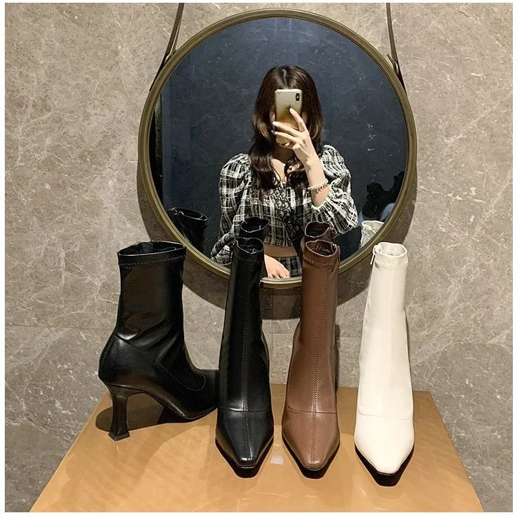 Women High Heel Short Leather Boots New Boots Female Pointed Thin Heel Boots Ladies Ankle Short Boots Botas De Mujer 2024