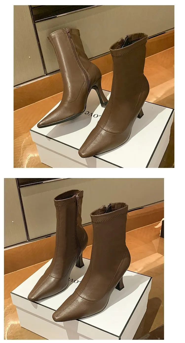 Women High Heel Short Leather Boots New Boots Female Pointed Thin Heel Boots Ladies Ankle Short Boots Botas De Mujer 2024
