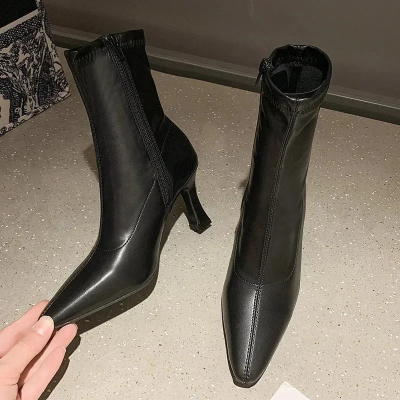 Women High Heel Short Leather Boots New Boots Female Pointed Thin Heel Boots Ladies Ankle Short Boots Botas De Mujer 2024