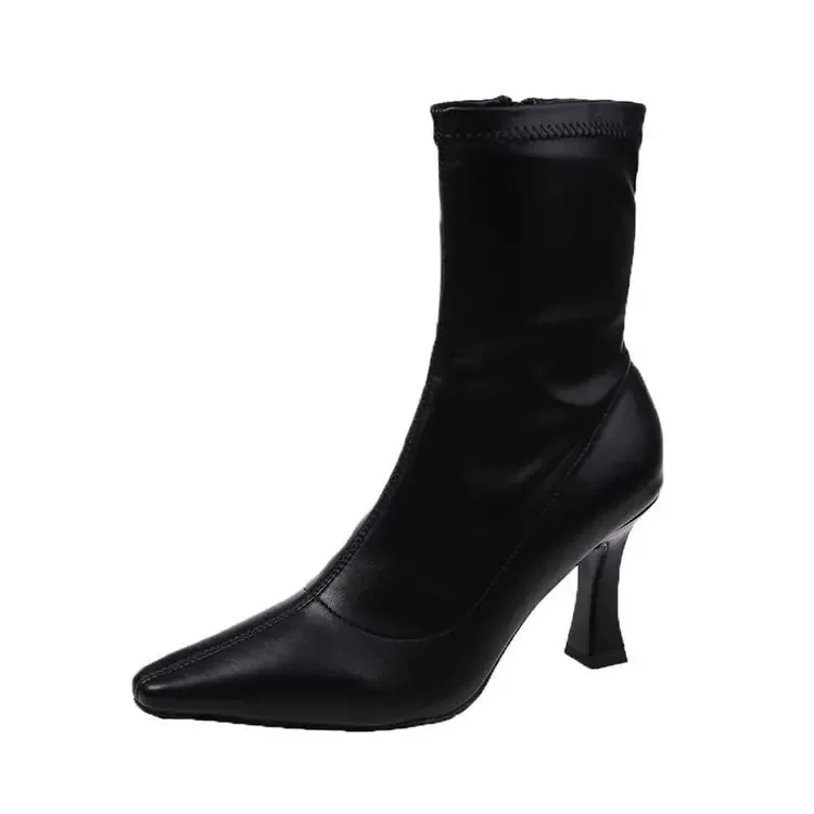 Women High Heel Short Leather Boots New Boots Female Pointed Thin Heel Boots Ladies Ankle Short Boots Botas De Mujer 2024