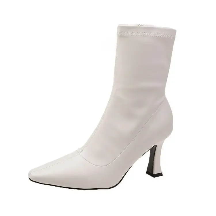Women High Heel Short Leather Boots New Boots Female Pointed Thin Heel Boots Ladies Ankle Short Boots Botas De Mujer 2024