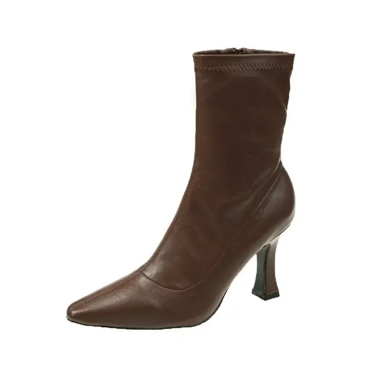 Women High Heel Short Leather Boots New Boots Female Pointed Thin Heel Boots Ladies Ankle Short Boots Botas De Mujer 2024