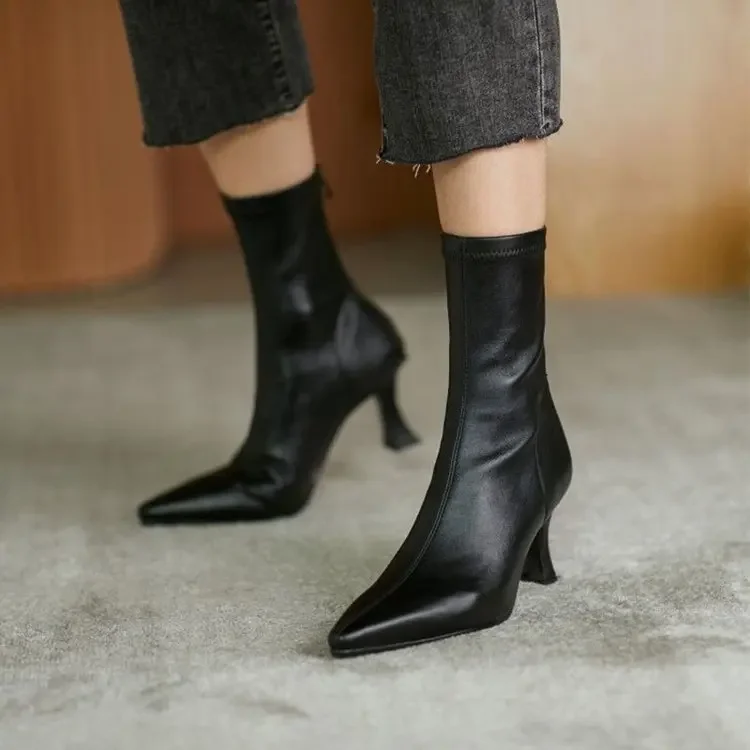Women High Heel Short Leather Boots New Boots Female Pointed Thin Heel Boots Ladies Ankle Short Boots Botas De Mujer 2024