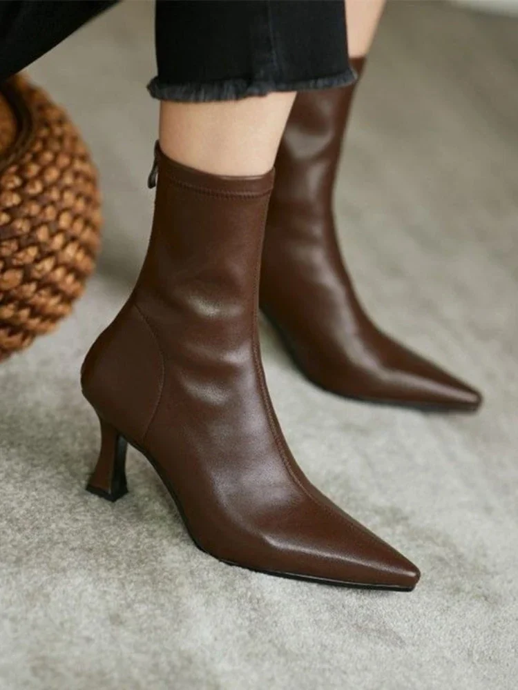Women High Heel Short Leather Boots New Boots Female Pointed Thin Heel Boots Ladies Ankle Short Boots Botas De Mujer 2024