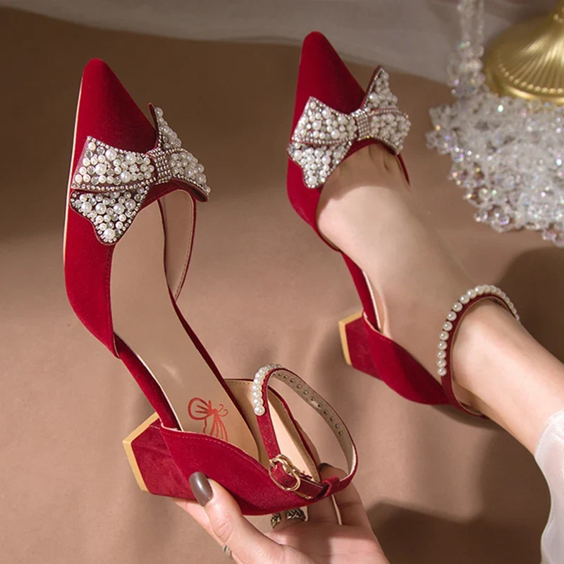 Maogu 2023 Pearl Bowtie Ankle Strap High Heels Shoes Woman Beige Red Bling Crystal Wedding Shoes Elegant Med Heels Women's Pumps