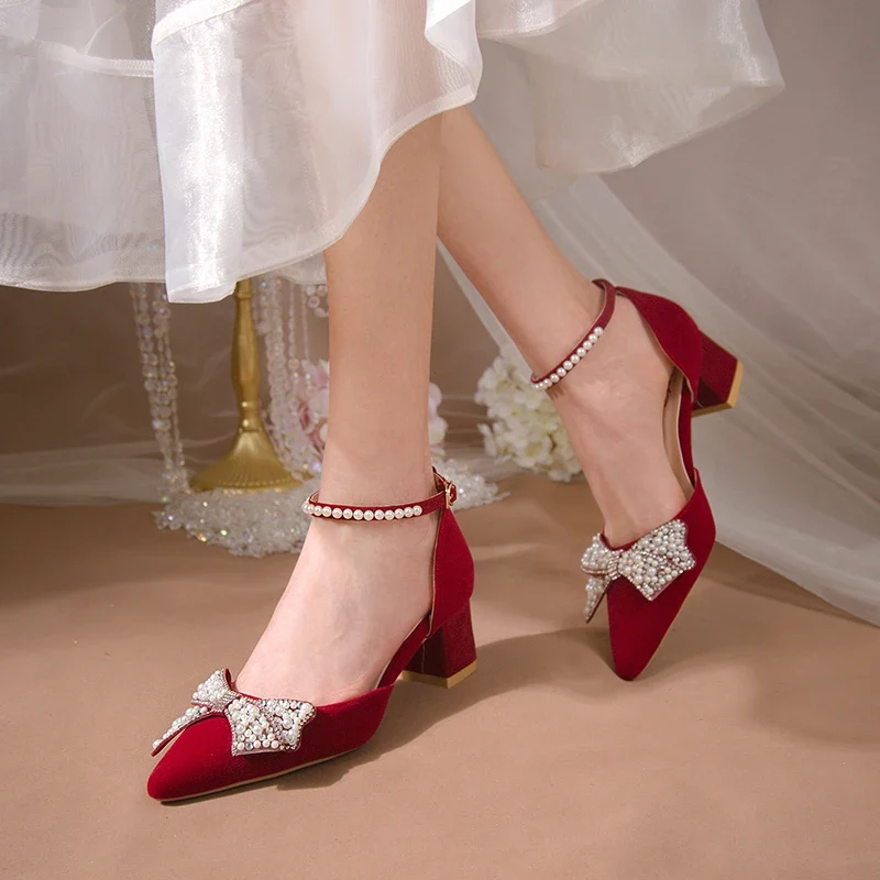 Maogu 2023 Pearl Bowtie Ankle Strap High Heels Shoes Woman Beige Red Bling Crystal Wedding Shoes Elegant Med Heels Women's Pumps