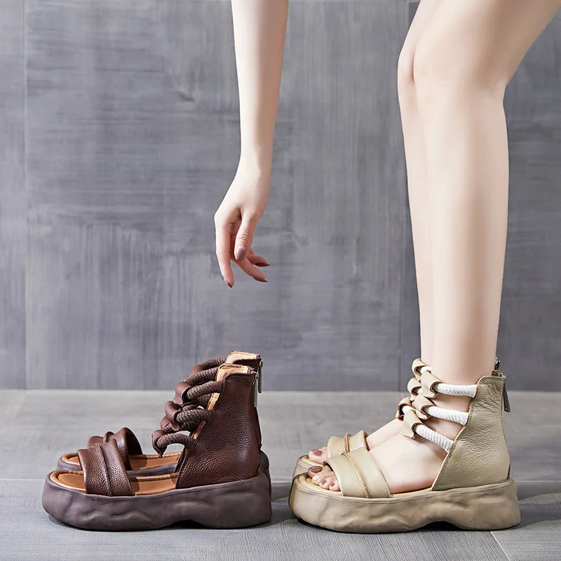 Koznoy 8cm Natural Genuine Leather Sandals Boots Flats Platform Wedge Summer Women Hollow Pumps Peep Toe Booties Mary Jane Shoes