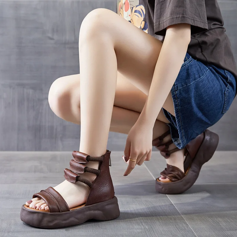 Koznoy 8cm Natural Genuine Leather Sandals Boots Flats Platform Wedge Summer Women Hollow Pumps Peep Toe Booties Mary Jane Shoes