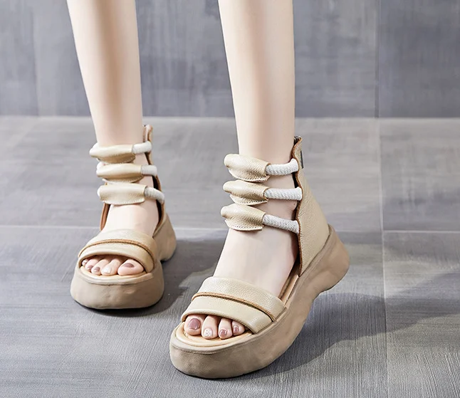 Koznoy 8cm Natural Genuine Leather Sandals Boots Flats Platform Wedge Summer Women Hollow Pumps Peep Toe Booties Mary Jane Shoes