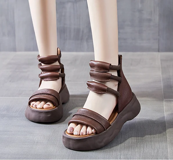 Koznoy 8cm Natural Genuine Leather Sandals Boots Flats Platform Wedge Summer Women Hollow Pumps Peep Toe Booties Mary Jane Shoes