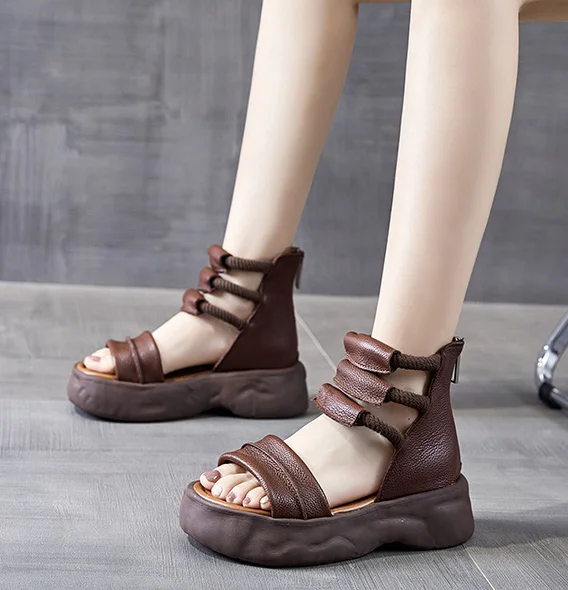 Koznoy 8cm Natural Genuine Leather Sandals Boots Flats Platform Wedge Summer Women Hollow Pumps Peep Toe Booties Mary Jane Shoes