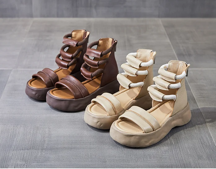 Koznoy 8cm Natural Genuine Leather Sandals Boots Flats Platform Wedge Summer Women Hollow Pumps Peep Toe Booties Mary Jane Shoes
