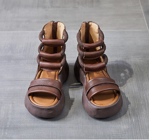 Koznoy 8cm Natural Genuine Leather Sandals Boots Flats Platform Wedge Summer Women Hollow Pumps Peep Toe Booties Mary Jane Shoes