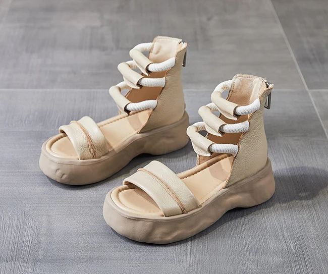 Koznoy 8cm Natural Genuine Leather Sandals Boots Flats Platform Wedge Summer Women Hollow Pumps Peep Toe Booties Mary Jane Shoes