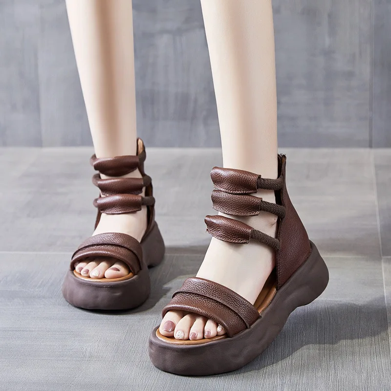 Koznoy 8cm Natural Genuine Leather Sandals Boots Flats Platform Wedge Summer Women Hollow Pumps Peep Toe Booties Mary Jane Shoes