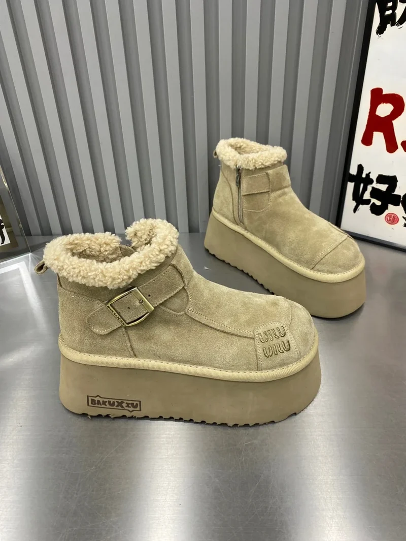2024 New Fur Platform Women Ankle Boots Flats Suede Warm Shoes Woman Trend Designer Brand Short Plush Cozy Femme Snow Botas