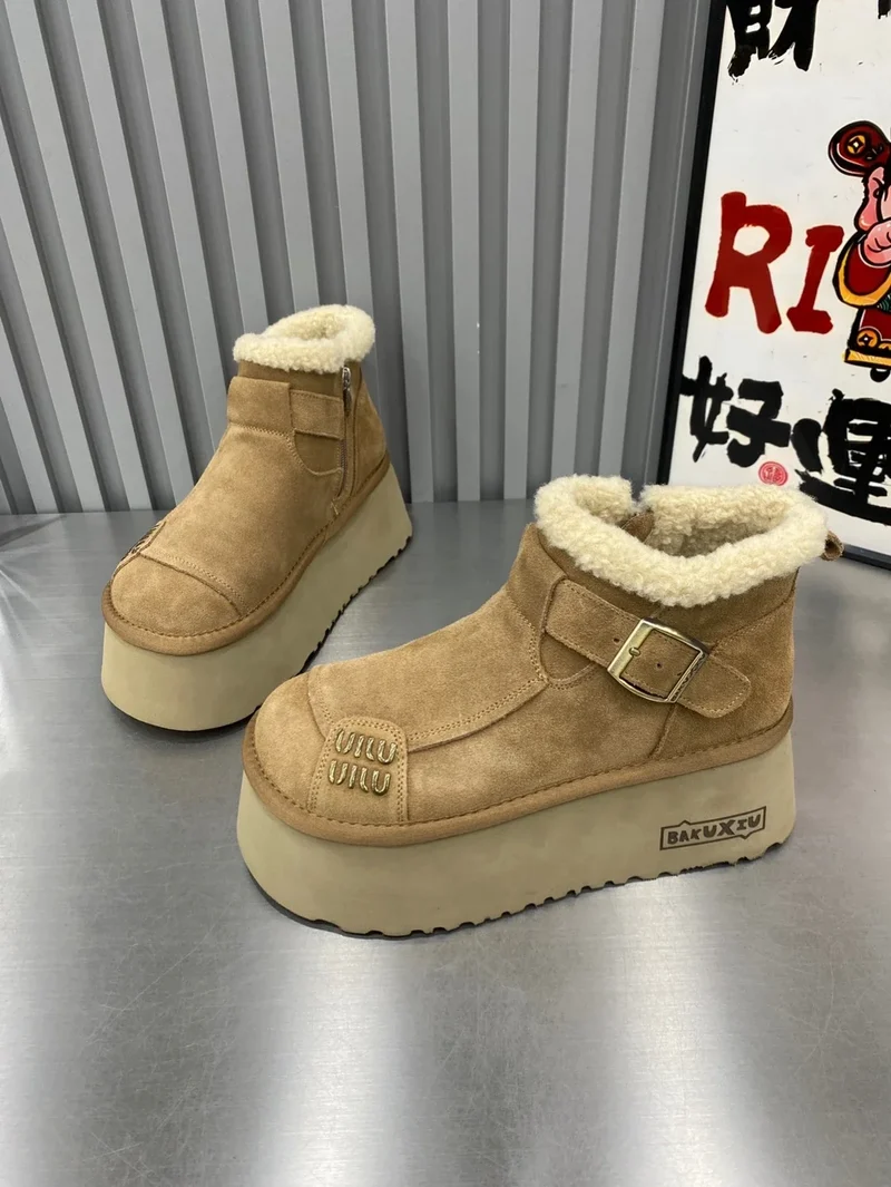 2024 New Fur Platform Women Ankle Boots Flats Suede Warm Shoes Woman Trend Designer Brand Short Plush Cozy Femme Snow Botas