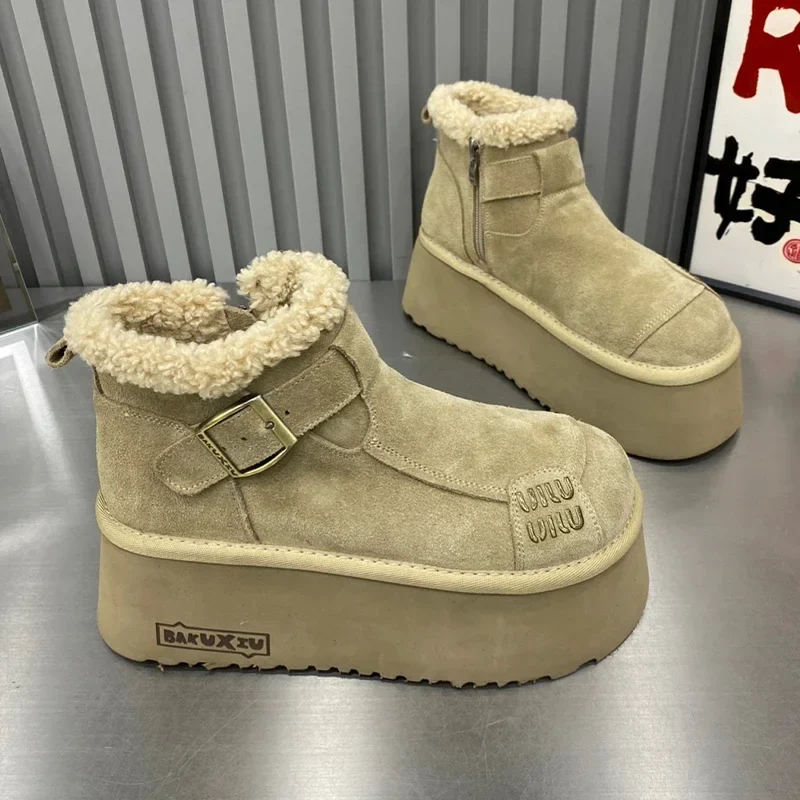 2024 New Fur Platform Women Ankle Boots Flats Suede Warm Shoes Woman Trend Designer Brand Short Plush Cozy Femme Snow Botas