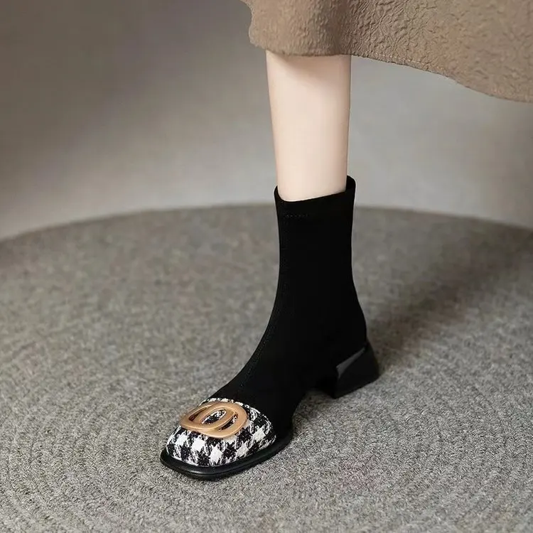 Women Mid Heels Chelsea Boots Chunky Suede Ankle Shoes Winter 2024 Fashion New Zipper Boots Pumps Walking Punk Warm Sock Botas