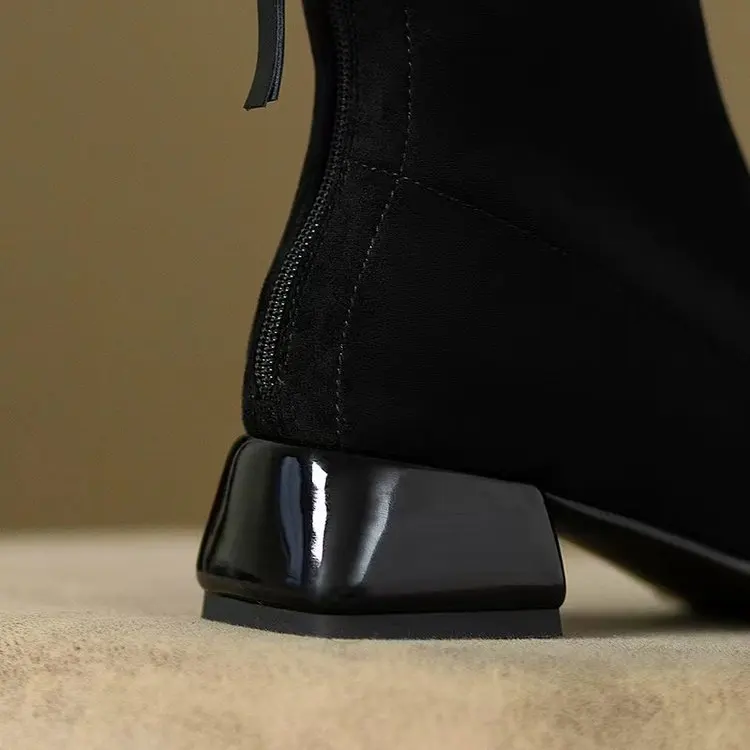 Women Mid Heels Chelsea Boots Chunky Suede Ankle Shoes Winter 2024 Fashion New Zipper Boots Pumps Walking Punk Warm Sock Botas