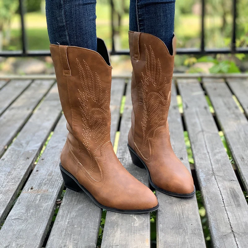 2024 Classic Embroidered Western Cowboy Boots for Women Leather Cowgirl Boots Low Heels Shoes Knee High Woman Boots Size36-43